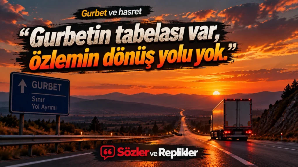 “Gurbetin tabelası var, özlemin dönüş yolu yok.” yazılı, gurbet yön tabelası yanında gün batımına doğru ilerleyen kamyonun bulunduğu gurbet ve hasret temalı resimli söz.