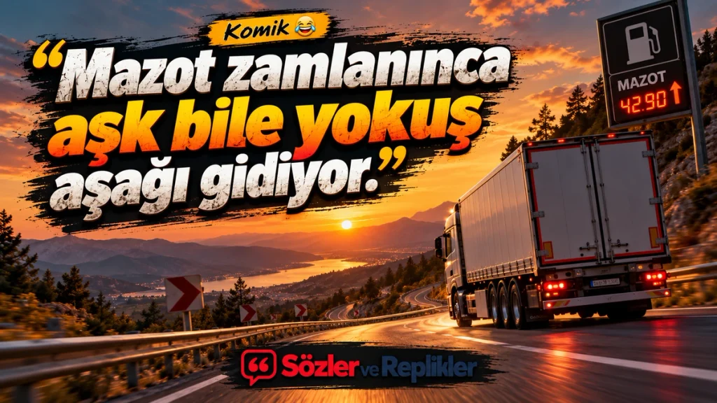 “Mazot zamlanınca aşk bile yokuş aşağı gidiyor.” yazılı, mazot fiyat tabelası ve gün batımında virajlı dağ yolunda ilerleyen kamyonun bulunduğu komik resimli kamyon arkası sözü.