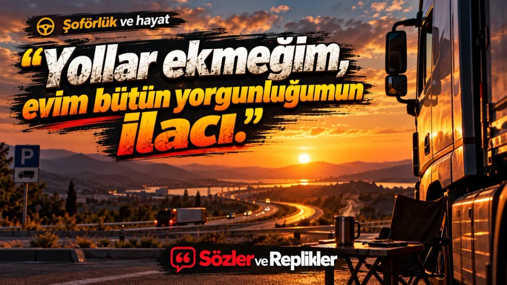 “Yollar ekmeğim, evim bütün yorgunluğumun ilacı.” yazılı, gün batımında yol kenarında duran kamyon, katlanır sandalye ve sıcak içeceğin bulunduğu şoförlük ve hayat temalı resimli söz.