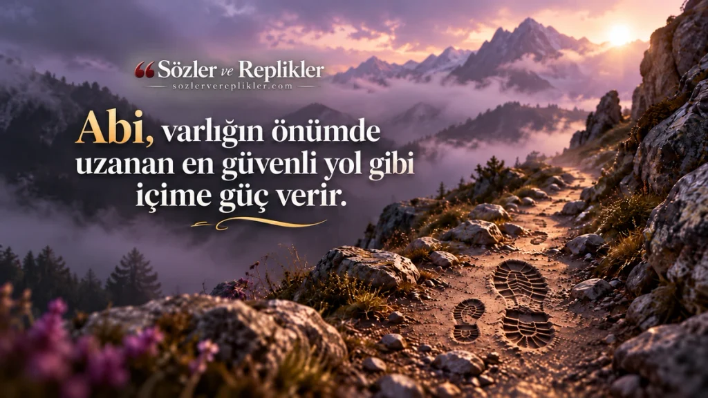 “Abi, varlığın önümde uzanan en güvenli yol gibi içime güç verir.” yazılı, sisli dağ zirveleri ve ayak izleri bulunan kayalık patikanın yer aldığı resimli abi sözü.