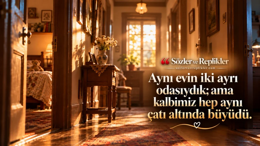 “Aynı evin iki ayrı odasıydık; ama kalbimiz hep aynı çatı altında büyüdü.” yazılı, eski bir evin iki çocukluk odasına açılan güneşli koridorunun bulunduğu resimli kardeş sözü.