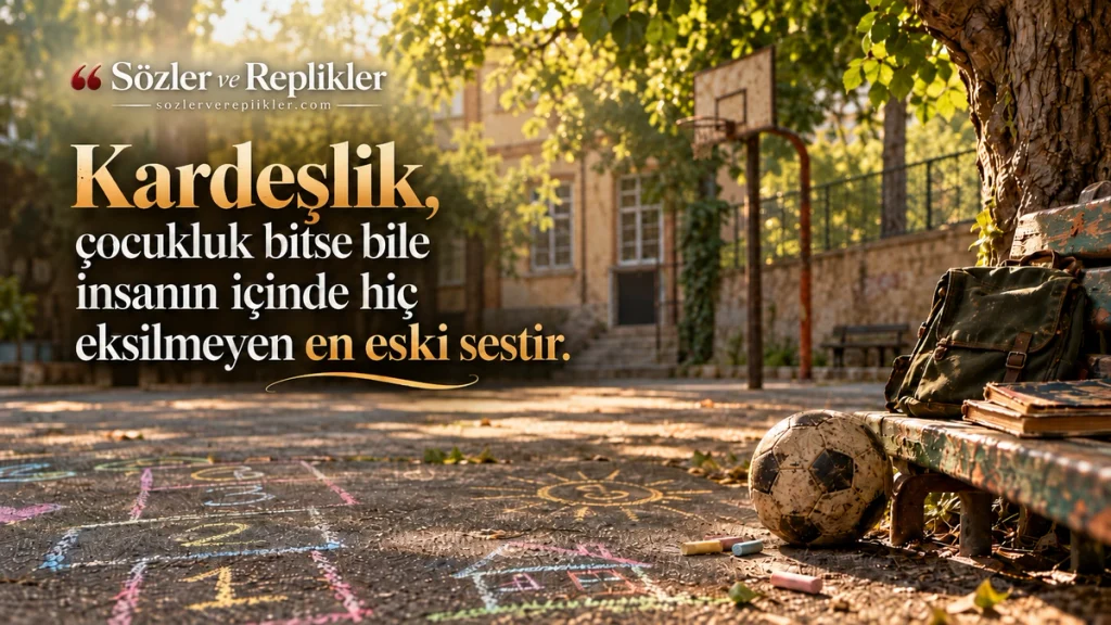 “Kardeşlik, çocukluk bitse bile insanın içinde hiç eksilmeyen en eski sestir.” yazılı, seksek çizimleri, eski futbol topu ve okul çantasının bulunduğu ağaçlıklı okul bahçesinde resimli kardeş sözü.