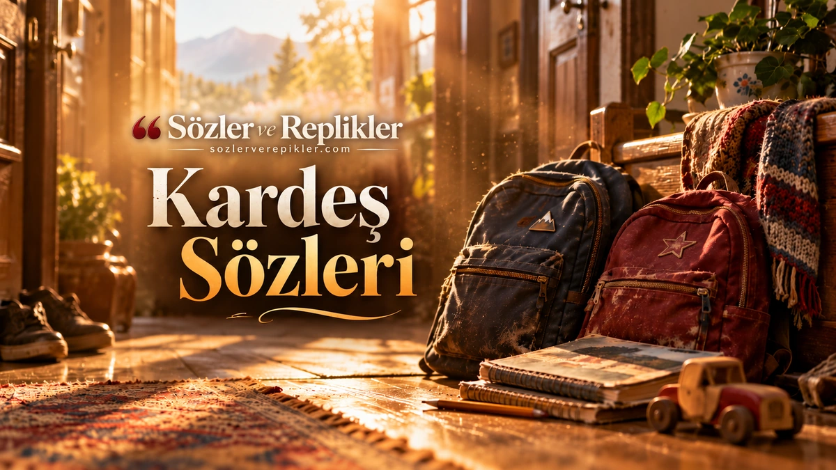 Kardeş Sözleri başlıklı, eski bir evin girişinde yan yana duran iki okul çantası, çocuk ayakkabıları, kitaplar ve çiçeklerin yer aldığı nostaljik görsel.
