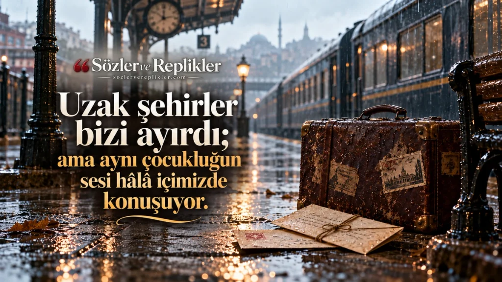 “Uzak şehirler bizi ayırdı; ama aynı çocukluğun sesi hâlâ içimizde konuşuyor.” yazılı, yağmurlu tren istasyonunda eski bavul, mektuplar ve trenin bulunduğu resimli kardeşe özlem sözü.