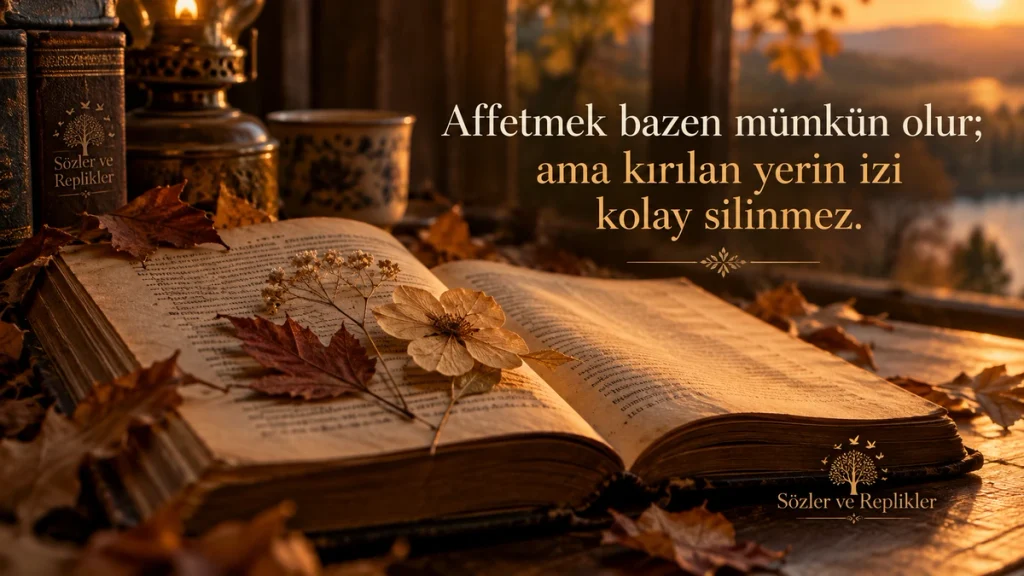 “Affetmek bazen mümkün olur; ama kırılan yerin izi kolay silinmez.” yazılı, açık eski kitap, kurutulmuş çiçekler ve gaz lambası bulunan sonbahar manzaralı resimli sözü.