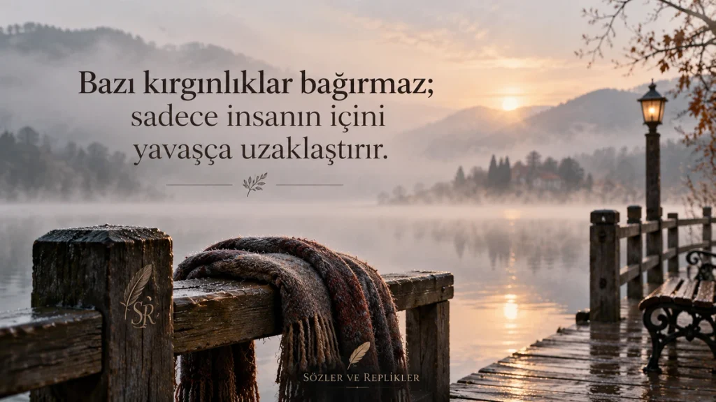 “Bazı kırgınlıklar bağırmaz; sadece insanın içini yavaşça uzaklaştırır.” yazılı, sisli göl kıyısında ahşap iskele, örgü atkı ve boş bank bulunan resimli kırgınlık sözü.