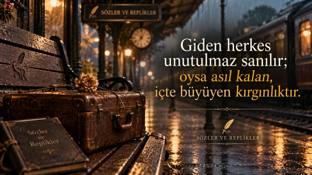 “Giden herkes unutulmaz sanılır; oysa asıl kalan, içte büyüyen kırgınlıktır.” yazılı, yağmurlu tren istasyonunda eski bavul, boş bank ve tren bulunan resimli kırgınlık sözü.