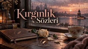 Kırgınlık Sözleri başlıklı, yağmurlu pencere önünde beyaz gül, eski kitap ve çay fincanı bulunan duygusal kapak görseli.