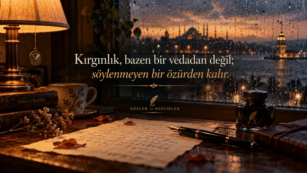 “Kırgınlık, bazen bir vedadan değil; söylenmeyen bir özürden kalır.” yazılı, yağmurlu şehir manzaralı pencere önünde mektup, dolma kalem ve mürekkep şişesi bulunan resimli kırgınlık sözü.