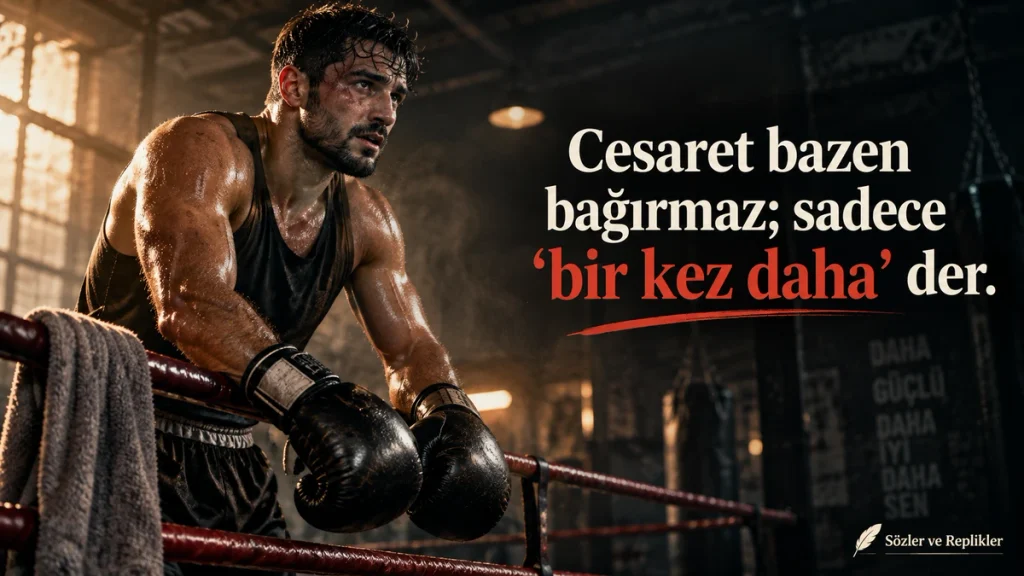 “Cesaret bazen bağırmaz; sadece ‘bir kez daha’ der.” yazılı, antrenman yapan boksör temalı güçlü motivasyon sözü.