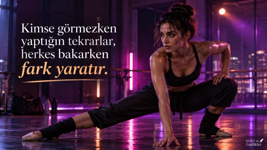 “Kimse görmezken yaptığın tekrarlar, herkes bakarken fark yaratır.” yazılı, neon ışıklı dans stüdyosu temalı motivasyon sözü.