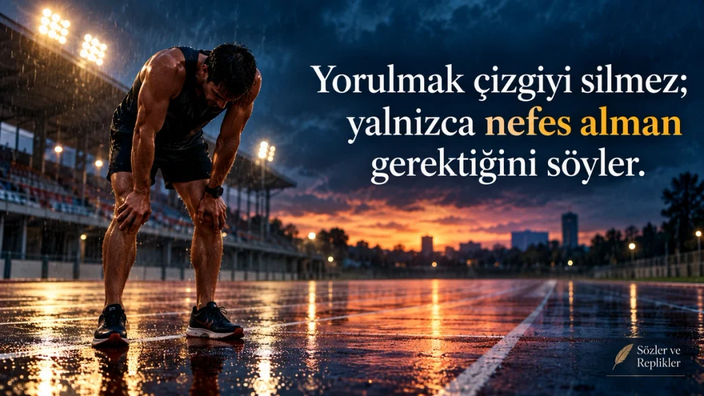 “Yorulmak çizgiyi silmez; yalnızca nefes alman gerektiğini söyler.” yazılı, yağmur altında koşucu temalı motivasyon sözü.