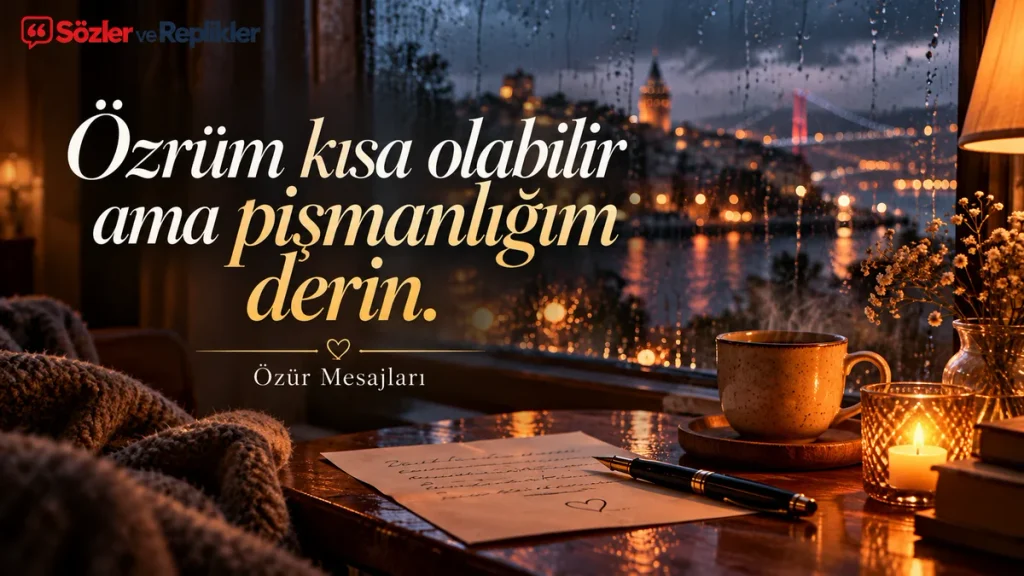 “Özrüm kısa olabilir ama pişmanlığım derin.” yazılı, yağmurlu İstanbul gecesinde pencere önündeki mektup, kahve ve mumla hazırlanmış özür mesajı görseli.