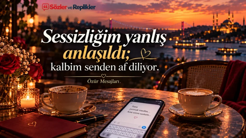“Sessizliğim yanlış anlaşıldı; kalbim senden af diliyor.” yazılı, İstanbul Boğazı'nda gün batımına karşı iki kahve fincanı, telefon ve kırmızı güllerle hazırlanmış mesaj