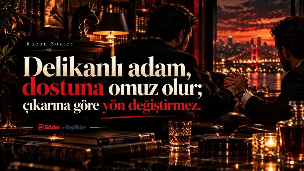 “Delikanlı adam, dostuna omuz olur; çıkarına göre yön değiştirmez.” yazılı, loş ışıklı bir mekânda karşılıklı oturan iki adam, ahşap masa ve İstanbul'un akşam manzarasının bulunduğu resimli racon sözü.