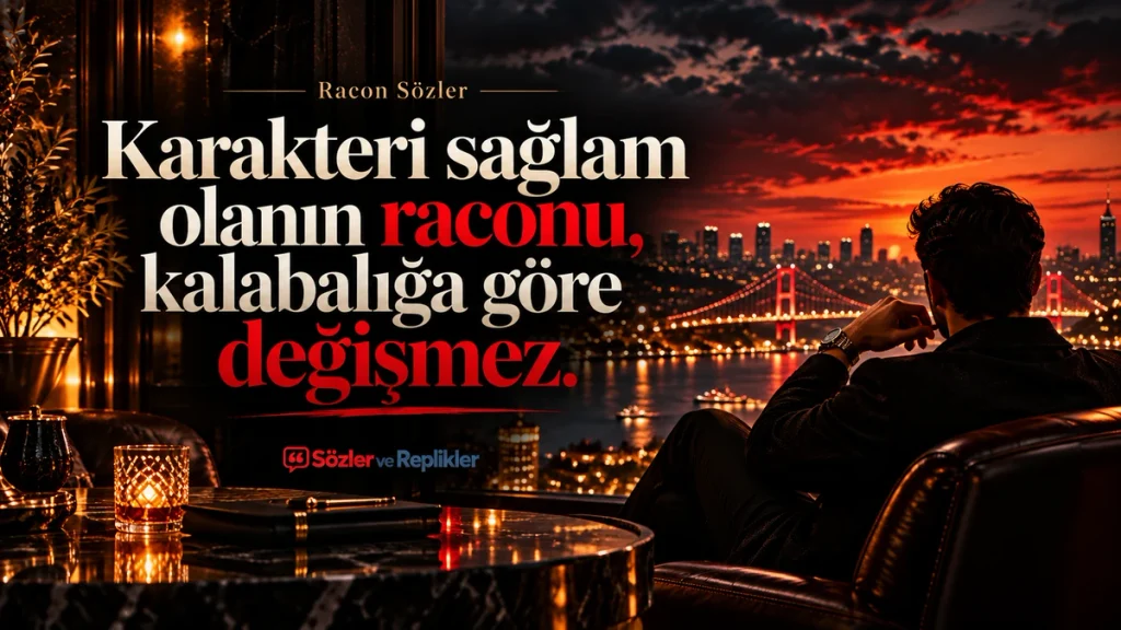 “Karakteri sağlam olanın raconu, kalabalığa göre değişmez.” yazılı, kızıl gün batımında İstanbul Boğazı ve köprü manzarasına karşı oturan bir adamın bulunduğu resimli sözü.