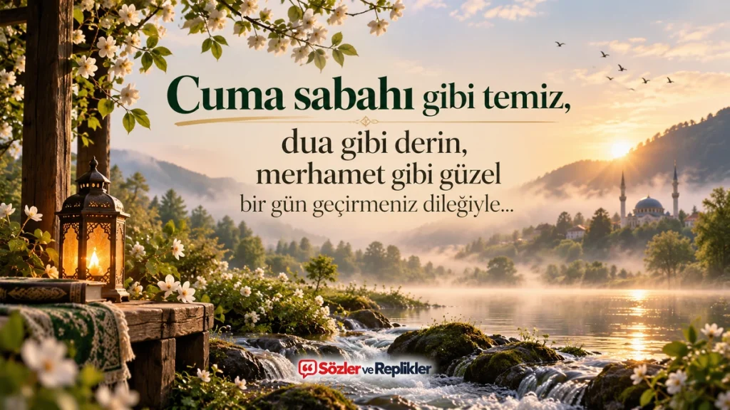 “Cuma sabahı gibi temiz, dua gibi derin, merhamet gibi güzel bir gün geçirmeniz dileğiyle...” yazılı, çiçekli doğa manzarasında gün doğumu, akan dere, kandil ve uzakta cami bulunan Cuma mesajı.