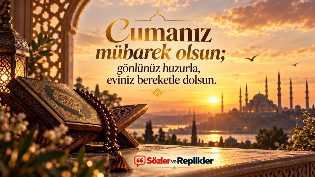 “Cumanız mübarek olsun; gönlünüz huzurla, eviniz bereketle dolsun.” yazılı, gün batımında cami silüeti, Kur'an-ı Kerim, tespih ve kandil bulunan resimli Cuma mesajı.