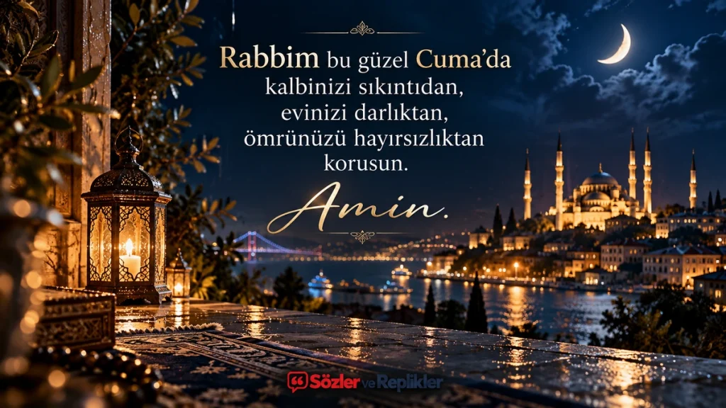 “Rabbim bu güzel Cuma’da kalbinizi sıkıntıdan, evinizi darlıktan, ömrünüzü hayırsızlıktan korusun. Amin.” yazılı, hilalli gece gökyüzü, aydınlatılmış cami ve kandil bulunan dualı Cuma mesajı.