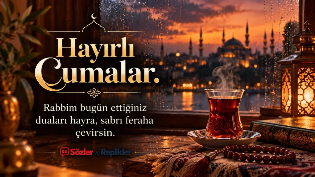 “Hayırlı Cumalar. Rabbim bugün ettiğiniz duaları hayra, sabrı feraha çevirsin.” yazılı, yağmurlu pencere önünde çay bardağı, kandil ve ışıklandırılmış cami manzarası bulunan dualı Cuma mesajı.