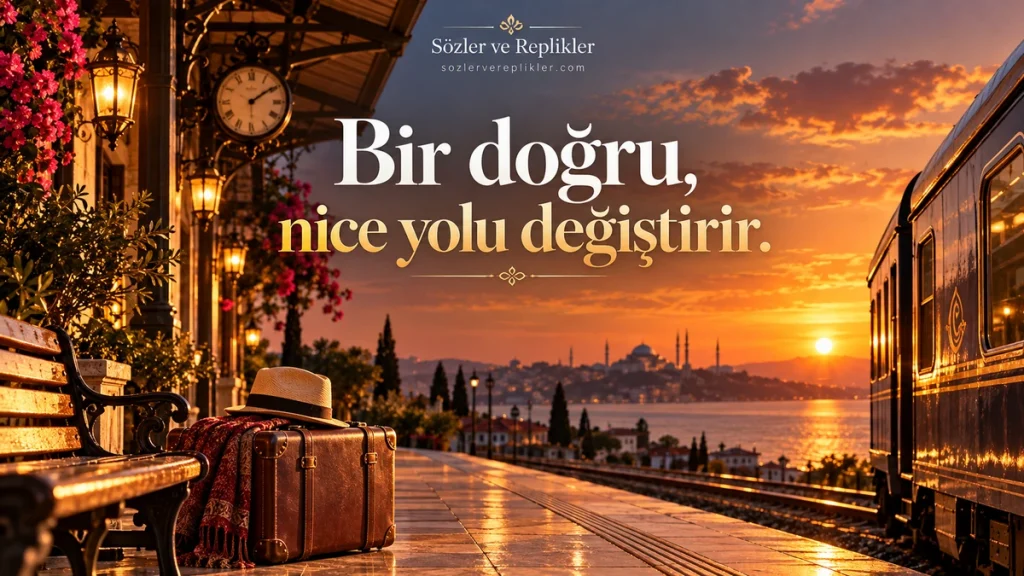 “Bir doğru, nice yolu değiştirir.” yazılı, nostaljik tren istasyonunda deri bavul, şapka, büyük saat ve tren bulunan resimli kısa söz.