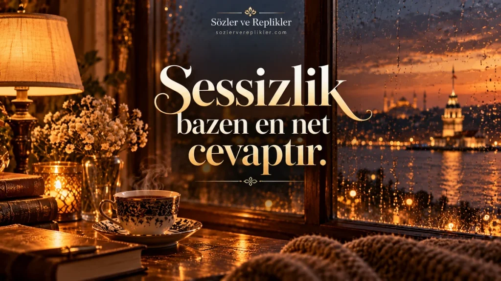 “Sessizlik bazen en net cevaptır.” yazılı, yağmurlu pencerenin önünde çay fincanı, kitaplar ve masa lambası bulunan resimli kısa söz.