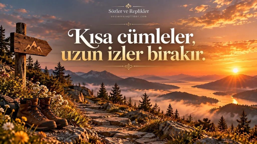 “Kısa cümleler, uzun izler bırakır.” yazılı, dağ yolunda yürüyüş botları, ahşap yön tabelası ve sisli vadinin bulunduğu resimli kısa söz.