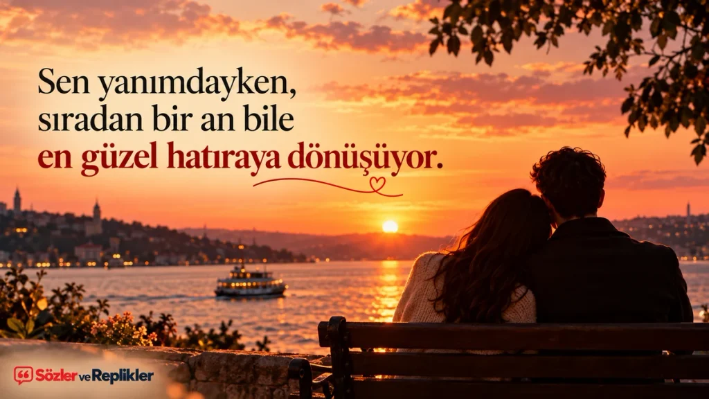 Gün batımında romantik çift ve aşk sözü