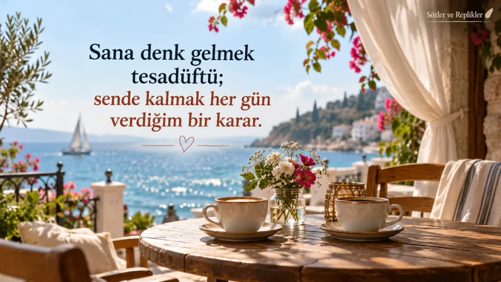 Sana denk gelmek tesadüftü; sende kalmak her gün verdiğim bir karar. – Aşk sözleri