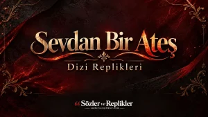“Sevdan Bir Ateş Dizi Replikleri” yazılı, bordo ve bakır tonlarında premium tipografik kapak görseli.