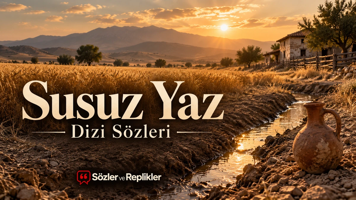 Susuz Yaz Dizi Sözleri başlığıyla, gün batımında buğday tarlası, sulama kanalı, toprak testi ve köy evinin yer aldığı temsili kapak.