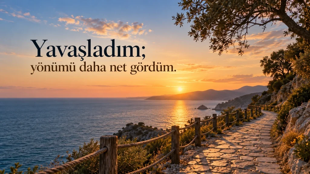 “Yavaşladım; yönümü daha net gördüm.” yazılı, gün batımında deniz kıyısı boyunca uzanan taş yürüyüş yolu, ahşap korkuluk ve ağaçların yer aldığı resimli kısa söz.