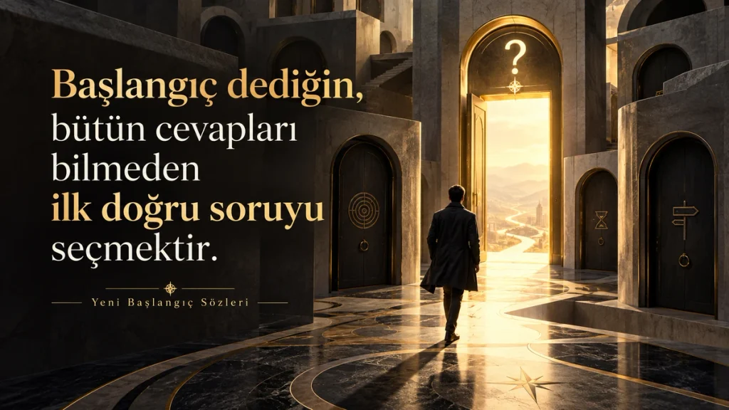 “Başlangıç dediğin, bütün cevapları bilmeden ilk doğru soruyu seçmektir.” yazılı, farklı kapılar arasından aydınlığa ilerleyen kişi temalı anlamlı söz.