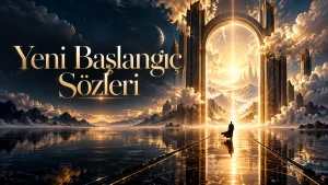 Yeni Başlangıç Sözleri – Işıkla aydınlanan görkemli bir kapıya doğru yürüyen insanın yer aldığı, umut ve yeni başlangıçları simgeleyen görsel.