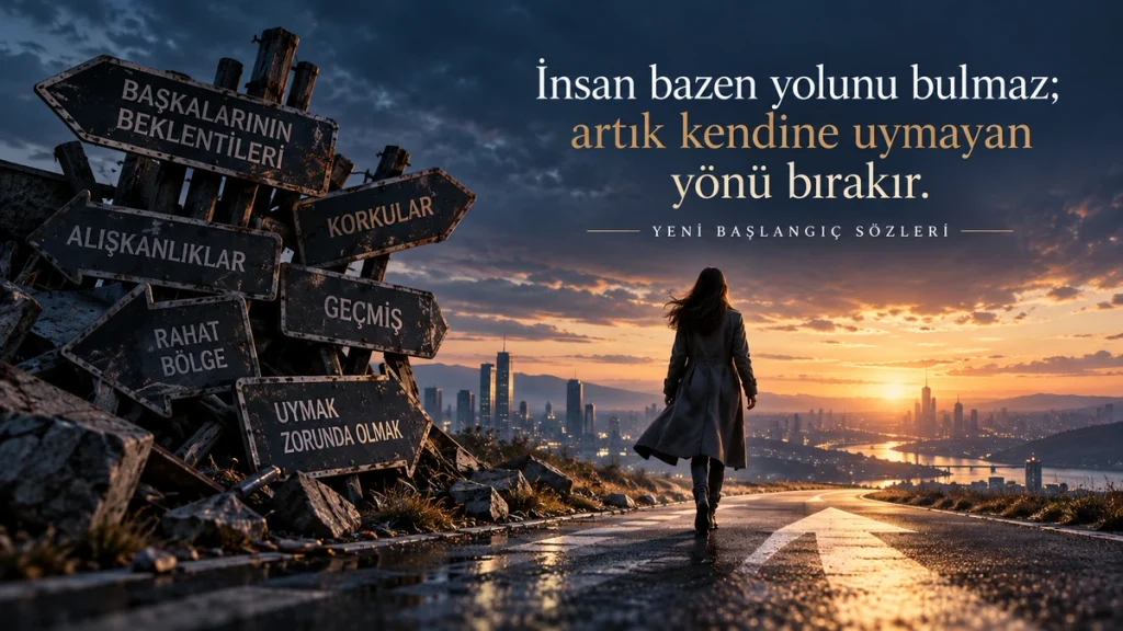 “İnsan bazen yolunu bulmaz; artık kendine uymayan yönü bırakır.” yazılı, eski yön tabelalarını geride bırakan kadın temalı yeni başlangıç sözü.